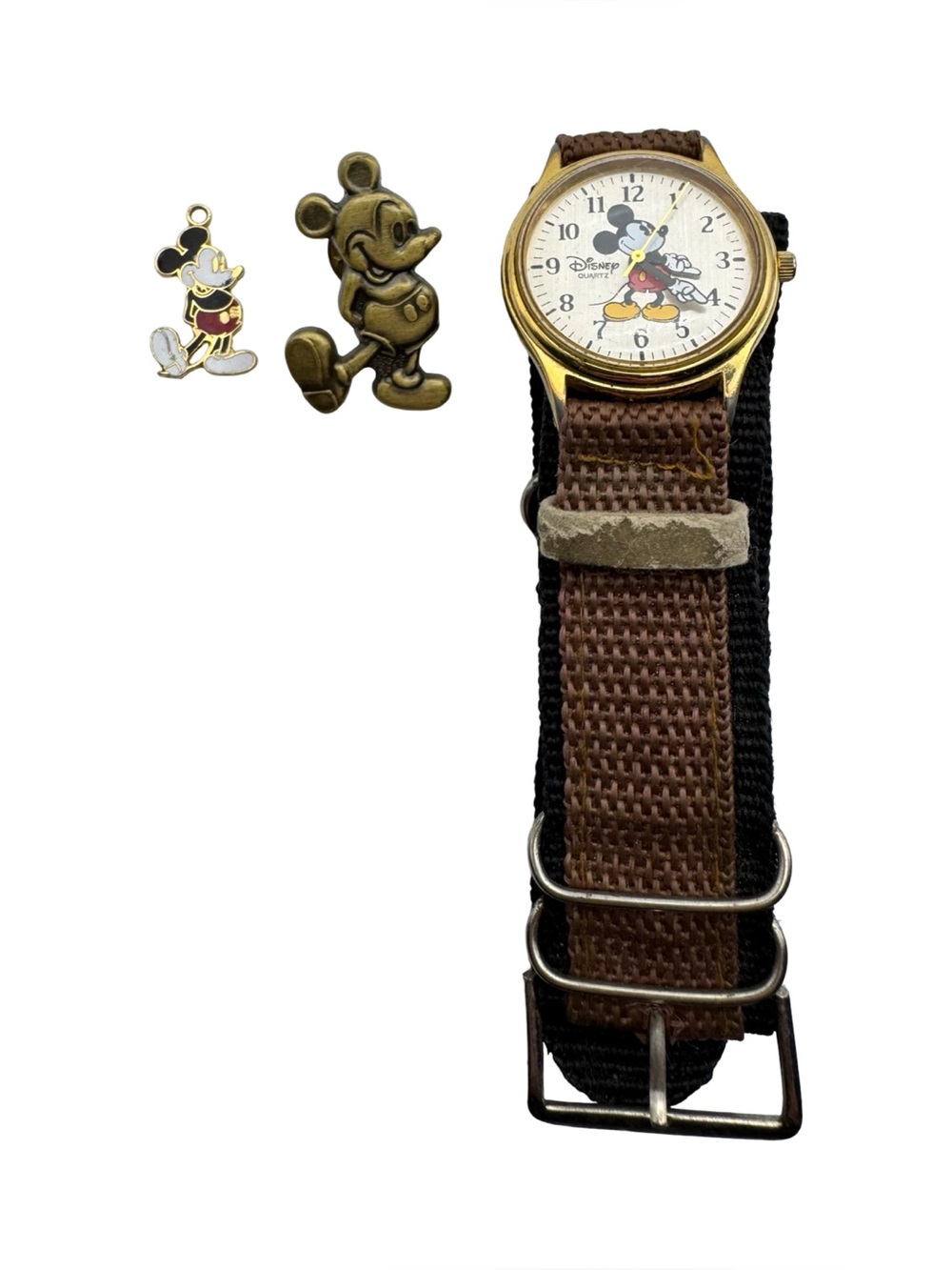 Vintage Disney Mickey Mouse Quartz Watch Brass Pin Cloisonne Charm Collectibles